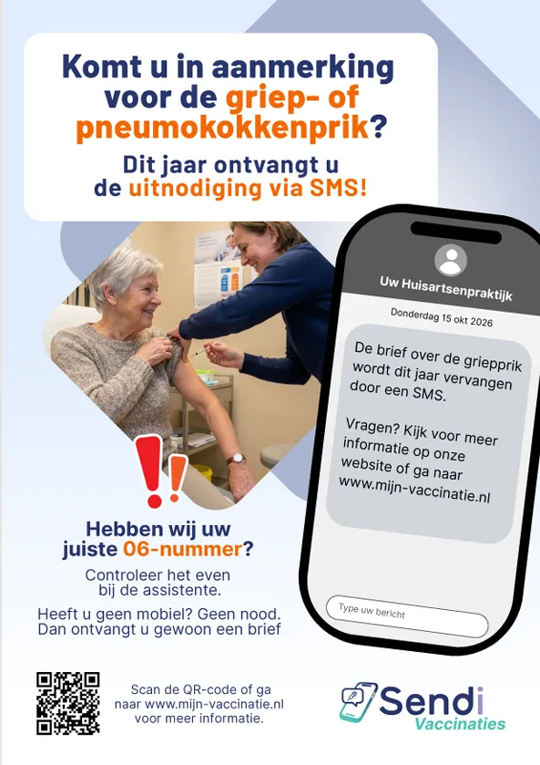 Flyer over de nieuwe sms-uitnodiging voor de griepprik, met een voorbeeld-sms gedateerd donderdag 15 oktober 2026 en informatie over de website.